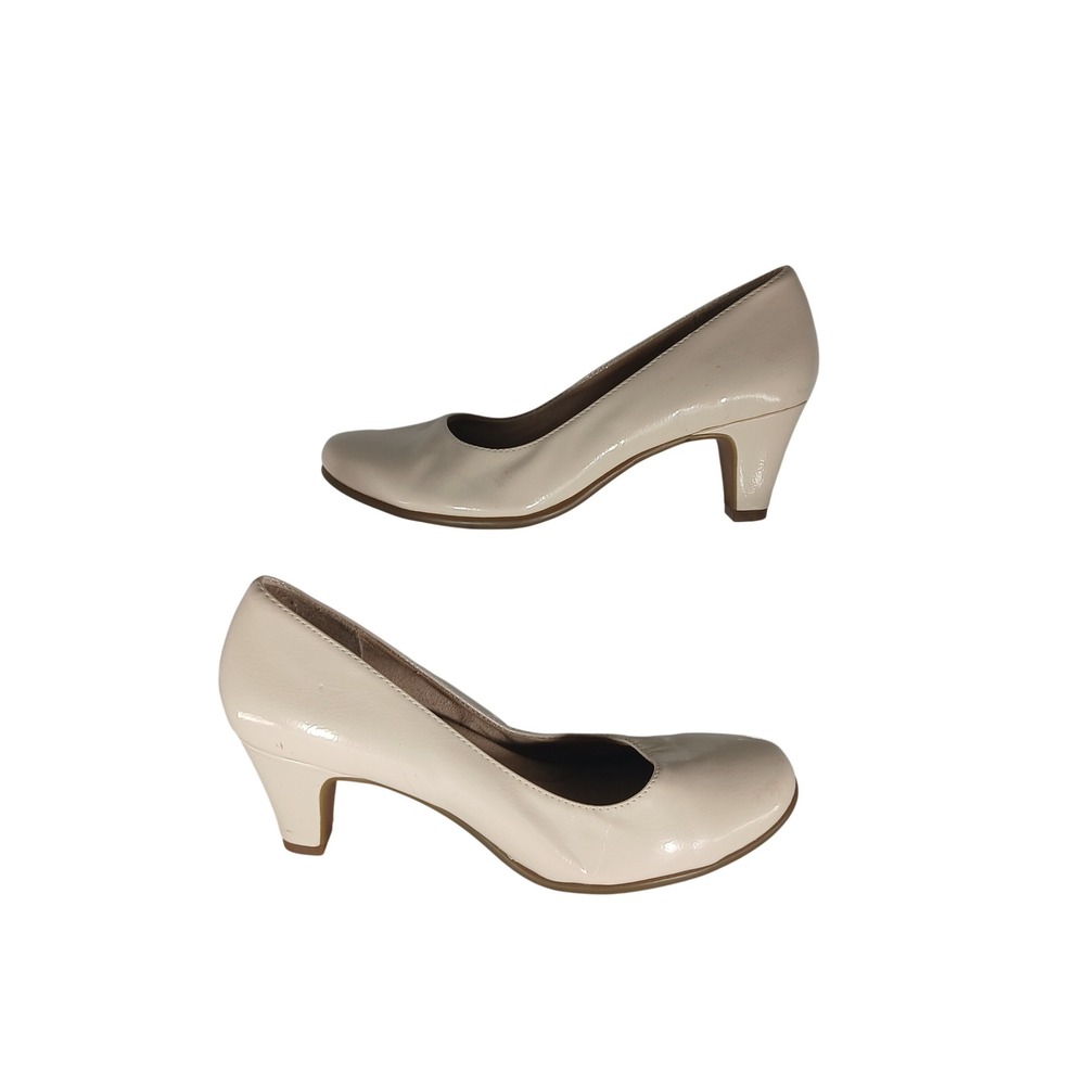 Aerosoles Redwood Pumps 8M Cream Patent Round Toe Mid Heel Officecore